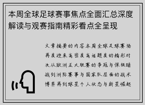 本周全球足球赛事焦点全面汇总深度解读与观赛指南精彩看点全呈现 本周全球足球赛事焦点全面汇总深度解读与观赛指南精彩看点全呈现